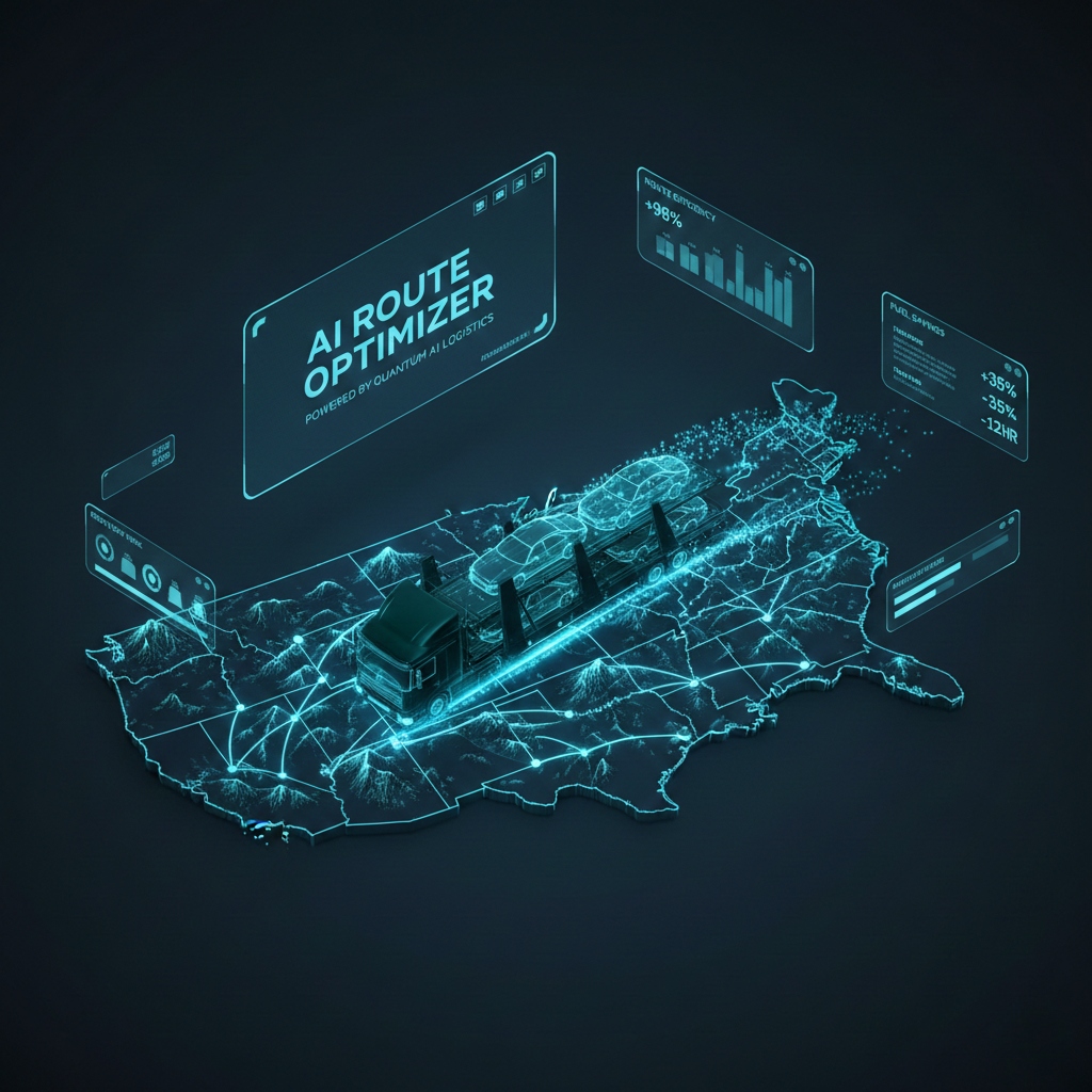 AI route optimizer visualization showing glowing blue routes across a 3D map of the USA