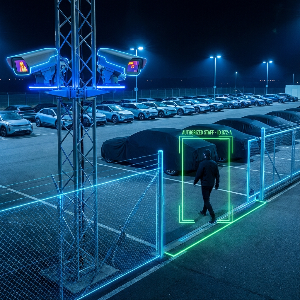 AI security systems with thermal imaging at a modern vehicle staging yard