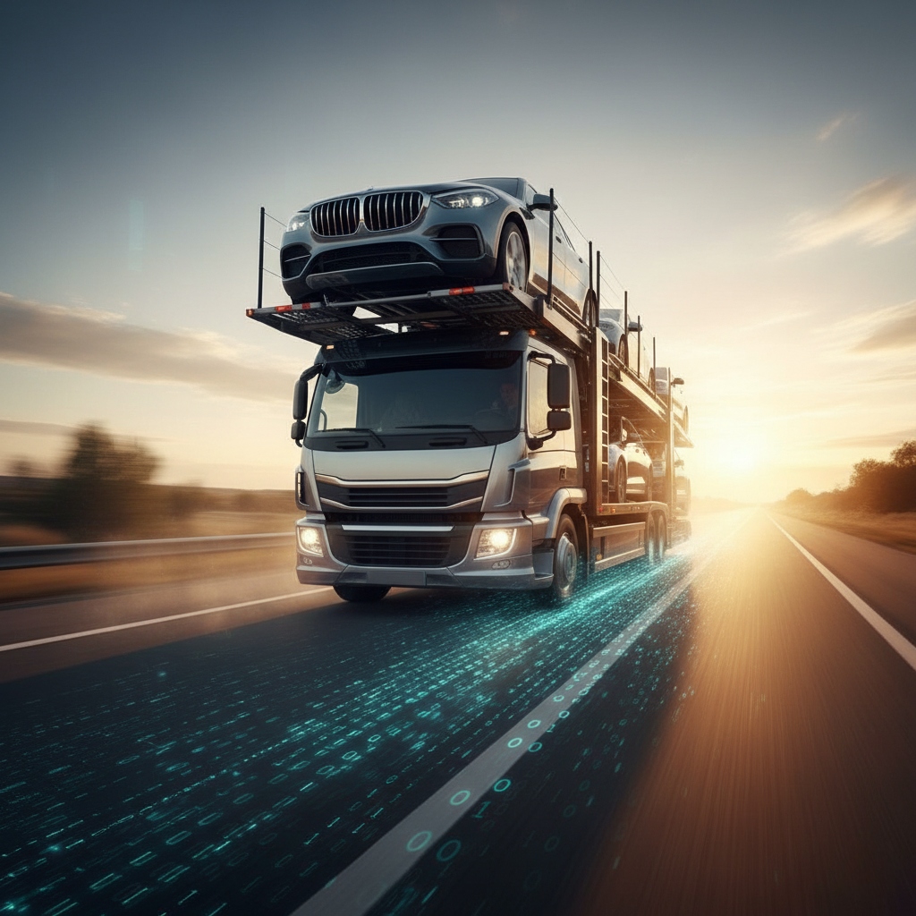 High-tech digital logistics dashboard showing AI-driven car shipping routes and real-time tracking data