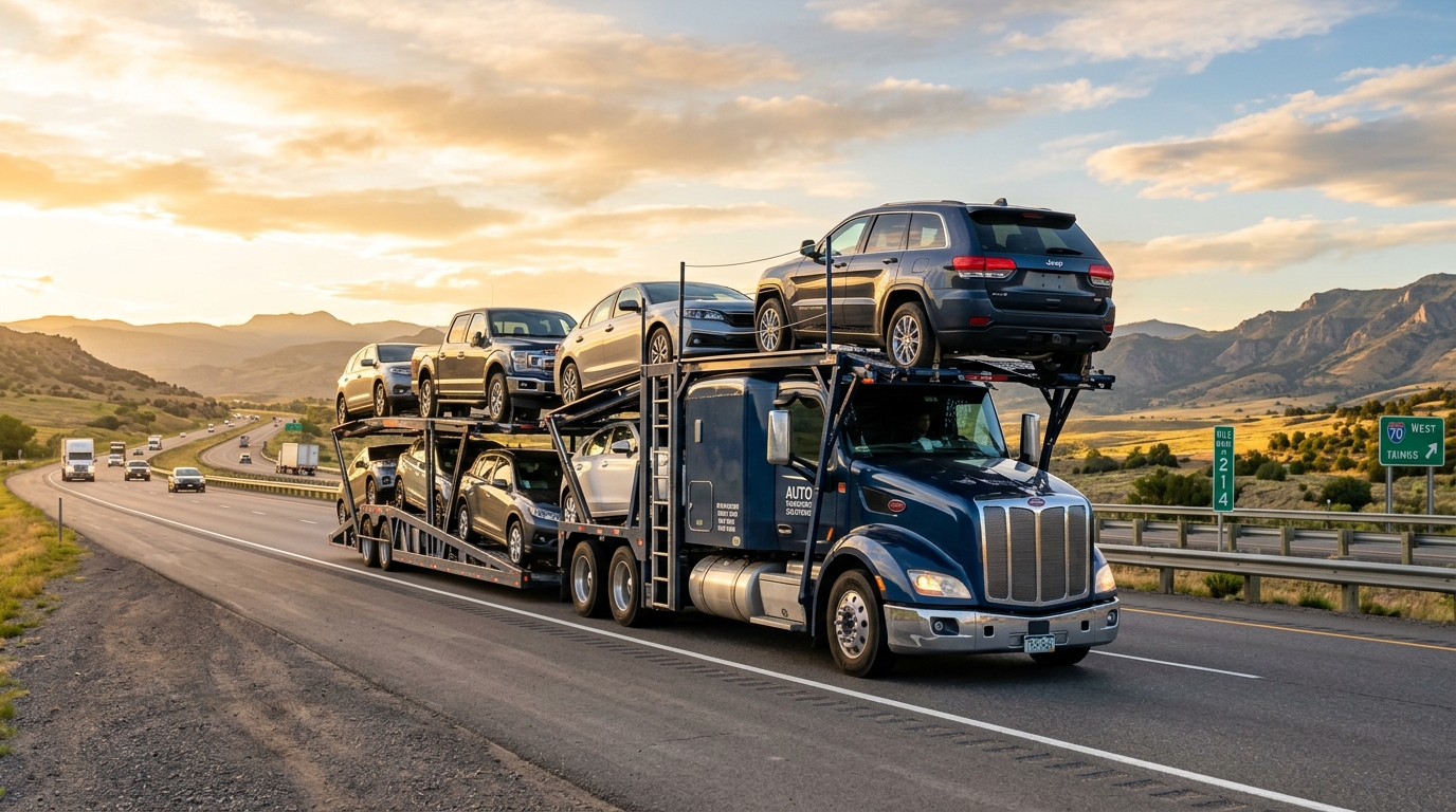 Professional auto transport carrier transporting vehicles on a US highway