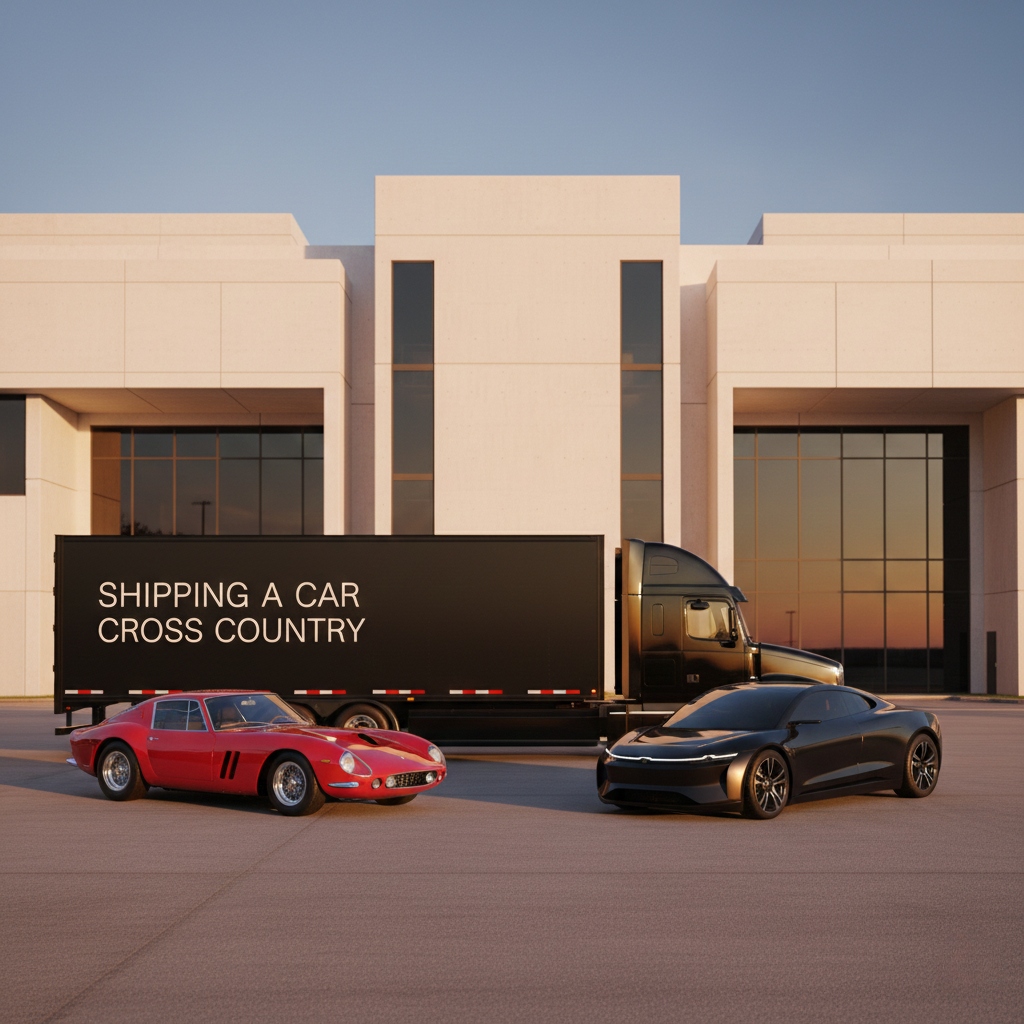 Luxury black transport truck with a red classic Ferrari and a modern black EV supercar