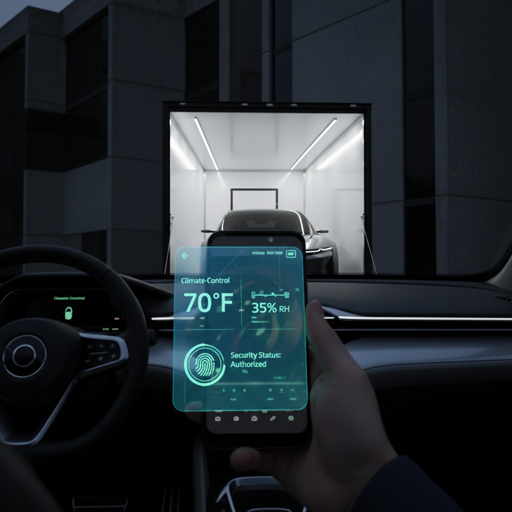 Smartphone showing real-time climate control data for a vehicle in transit