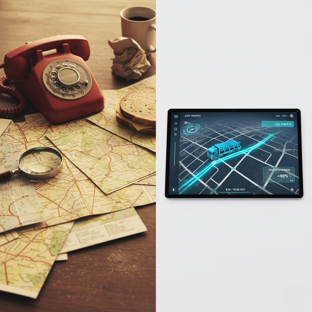 Old rotary phone and paper maps vs modern digital logistics tablet interface showing efficient routes