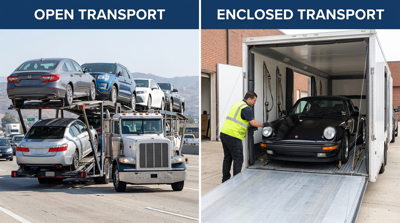 Side-by-side comparison of open car transport carrier and enclosed transport trailer