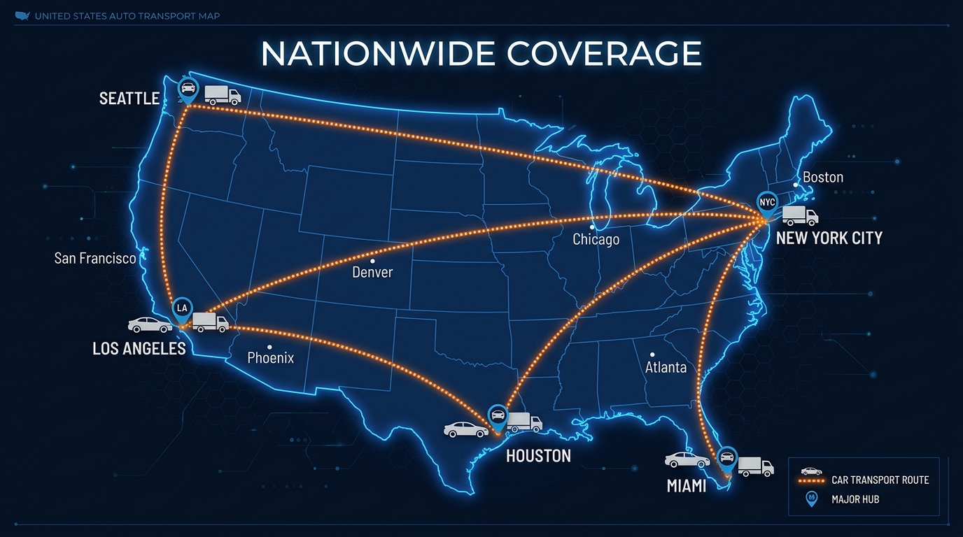 United States auto transport coverage map showing nationwide shipping routes