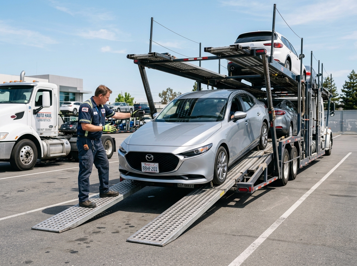 Auto transport worker loading a vehicle onto a car carrier