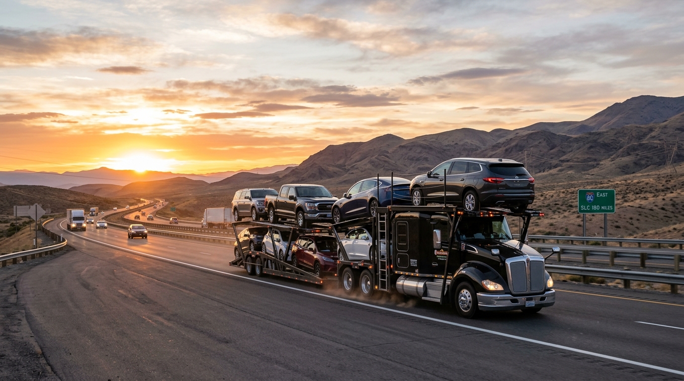 Car being loaded onto open air trailer for cross country vehicle transport