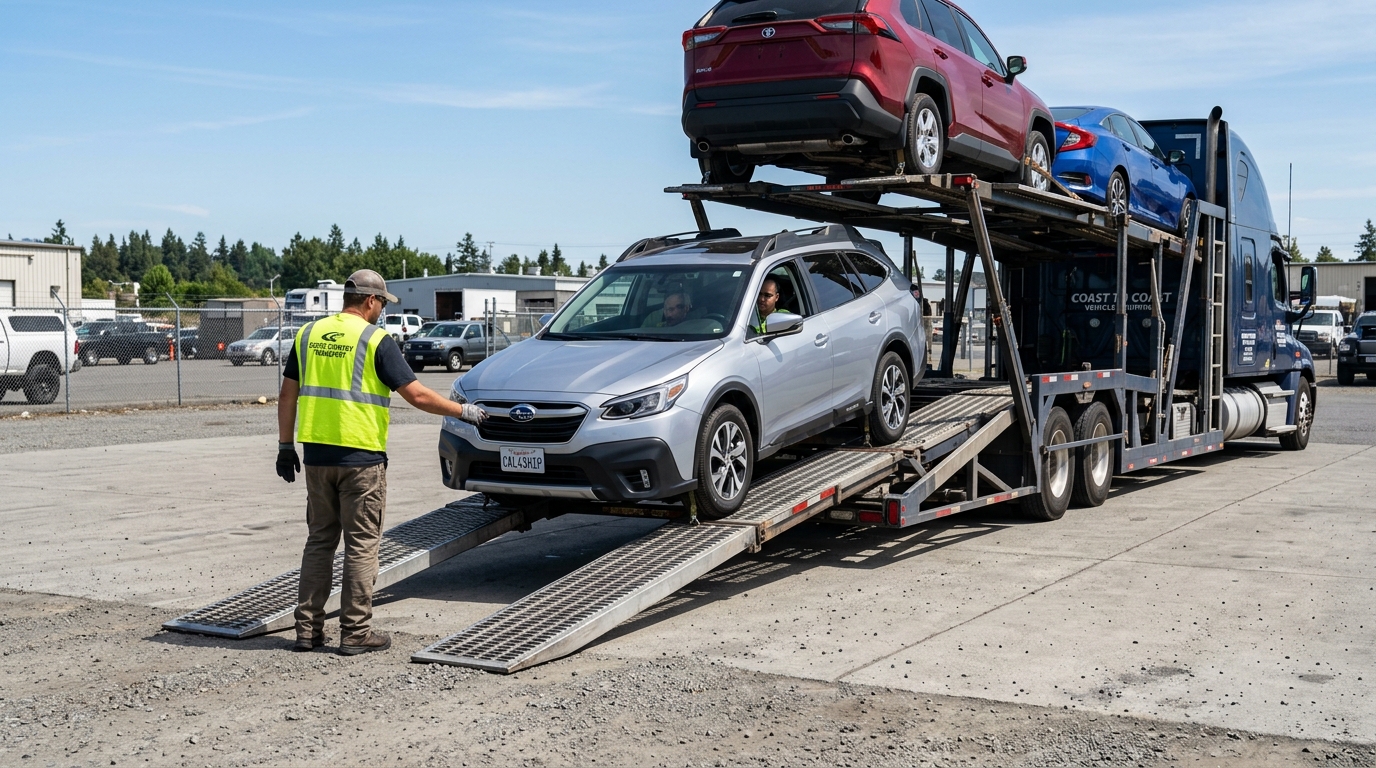 Car being loaded onto open air trailer for cross country vehicle transport