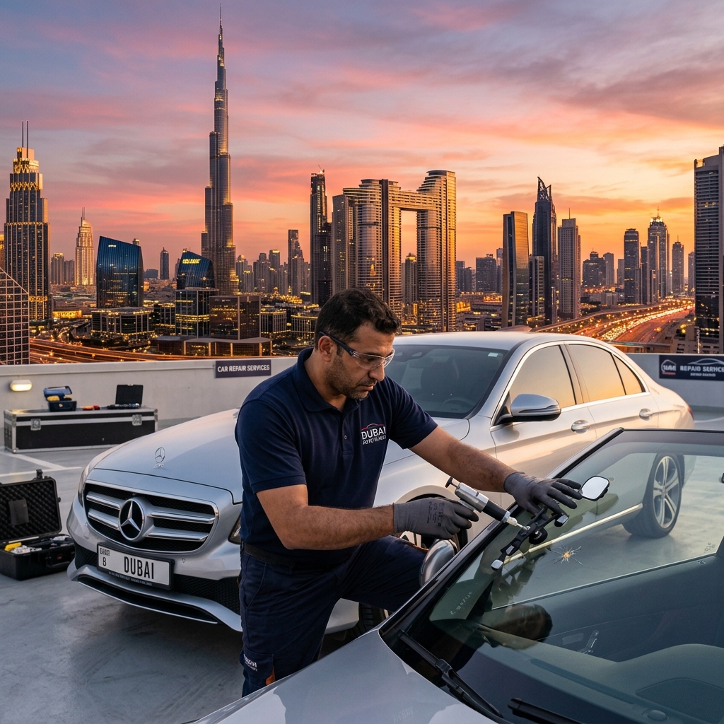 Professional auto glass technician repairing a car windshield in Dubai